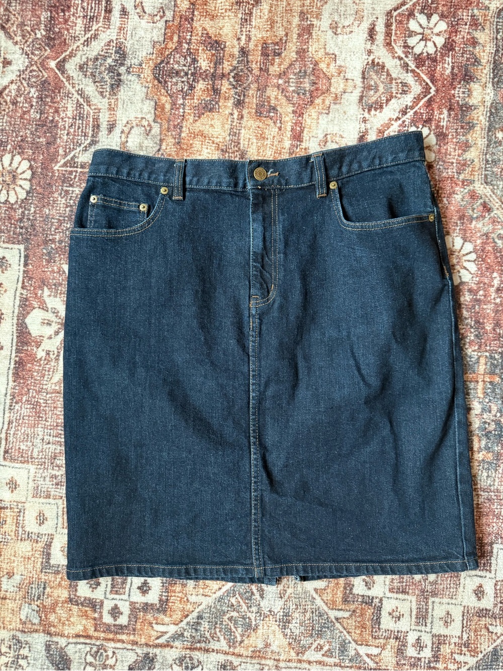 Ralph Lauren Dark‎ Blue Denim skirt with Brown Leather Patch